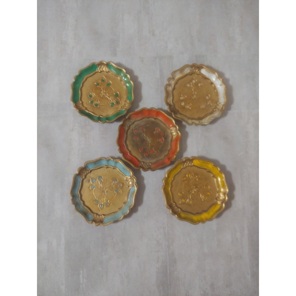 Set of 5 Vintage 4" Italian Florentine Style Gold Gilt Painted Plastic Coasters